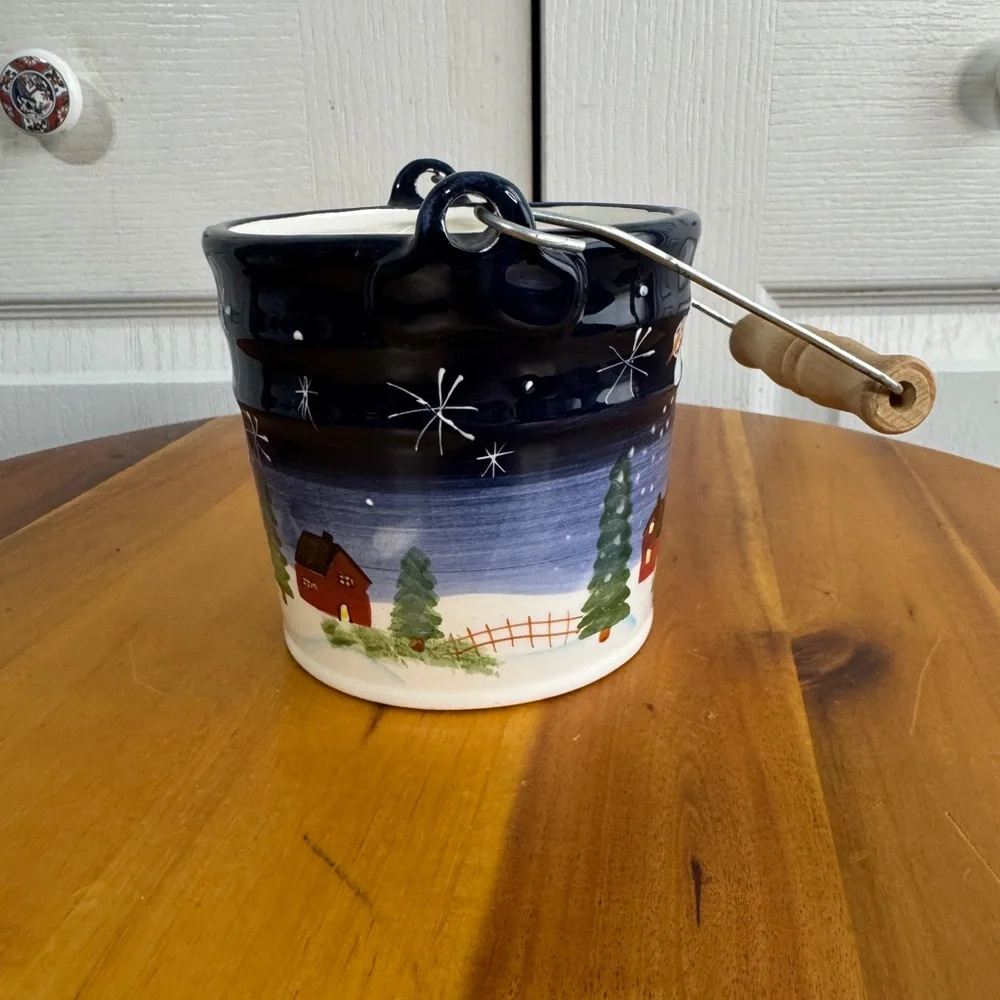 Vintage hand painted snowman barn Christmas tree‎ bucket pale
